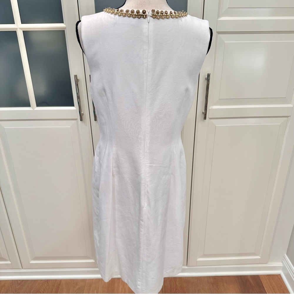 Ellen Tracy Ivory Gold Metal Beaded Sleeveless Sheath Pencil Dress - Picture 4 of 6